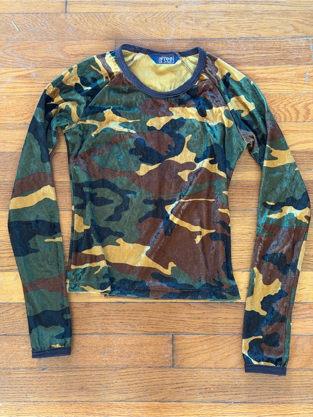 Free London UK Olive Camo Long-Sleeve Velvet Top